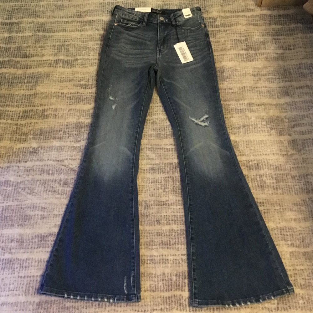 Judy Blue Dark Contrast Distressed Flare Jeans NWT